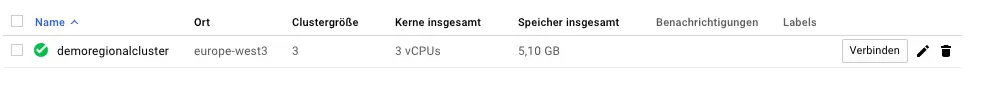 Anzeige des neuen Kubernetes Clusters über die Google Cloud UI
